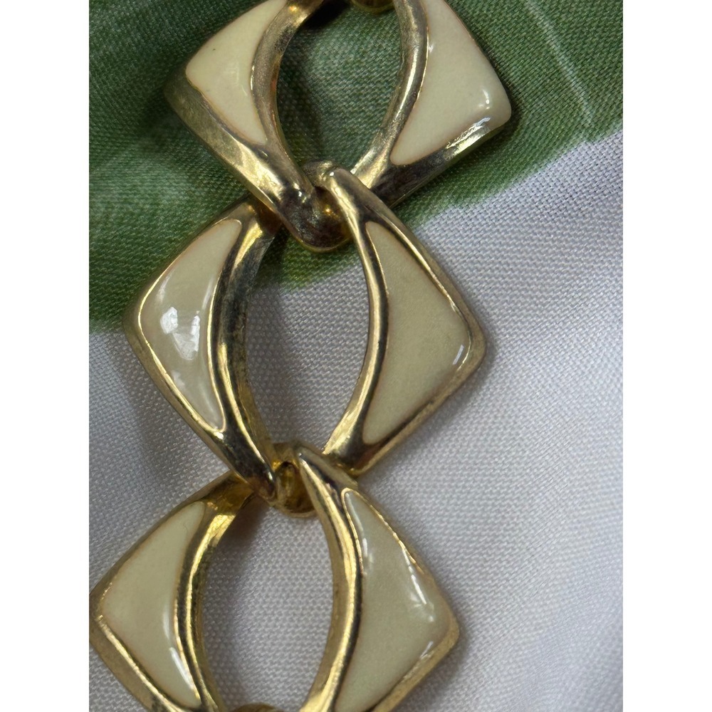 Vintage Gold Tone Cream Enamel Geometric Link Collar Necklace Retro Bold - Picture 4 of 7